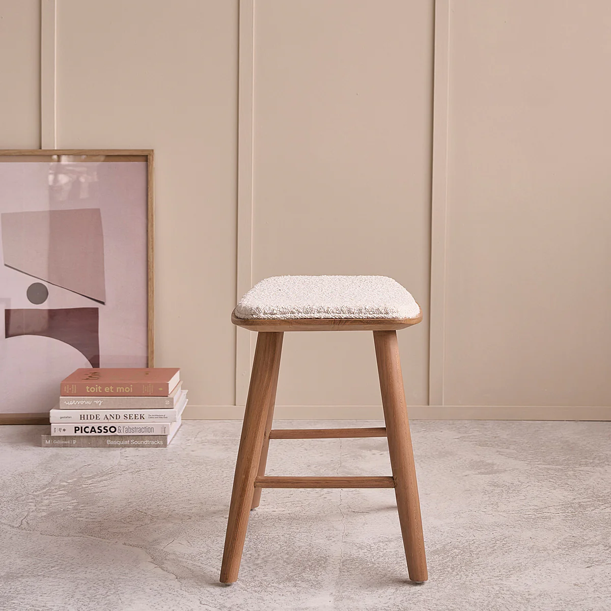 Lot de 2 tabourets de bar en teck massif et tissu bouclette 45 cm - Image 4