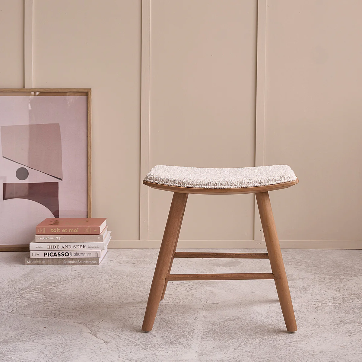 Lot de 2 tabourets de bar en teck massif et tissu bouclette 45 cm - Image 5